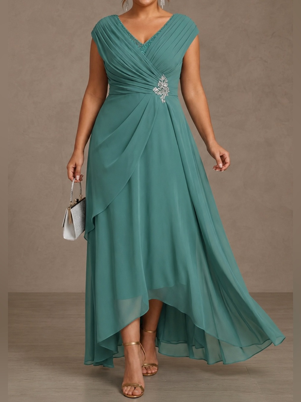 Teal V-Neck High-Low Chiffon Dress with Embellished Waist